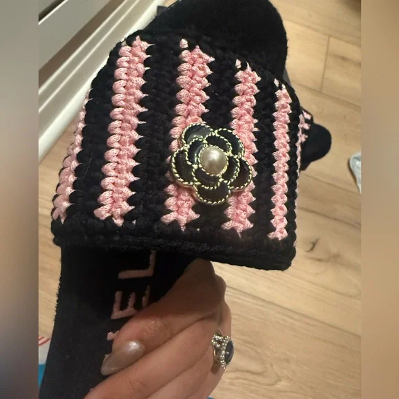CHANEL Black and Pink crochet Striped Slides - Picture 4 of 7